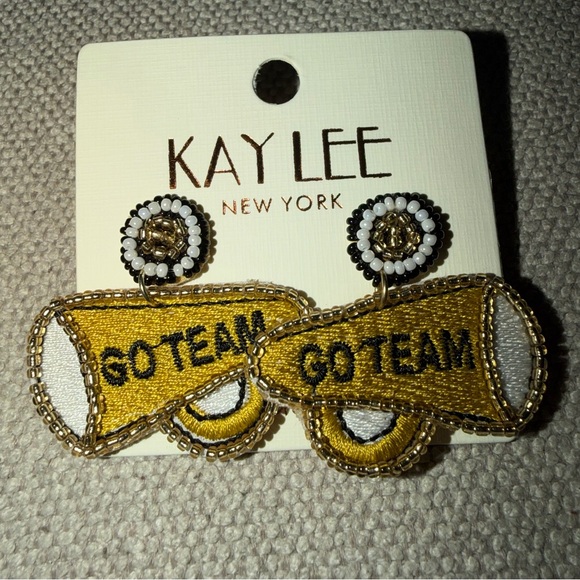 KAY LEE Jewelry - Kay Lee Gold & White Embroidered 'Go Team' Beaded CheerLeader Megaphone Earrings